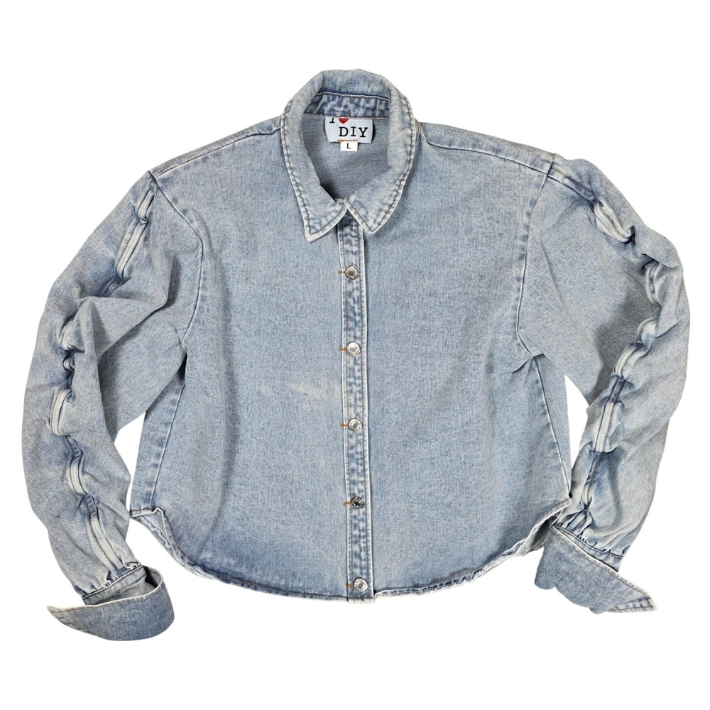 Denim Puff Sleeve Shoulder Cushion Jacket Womens L Blue GOOD Retro Streetwear